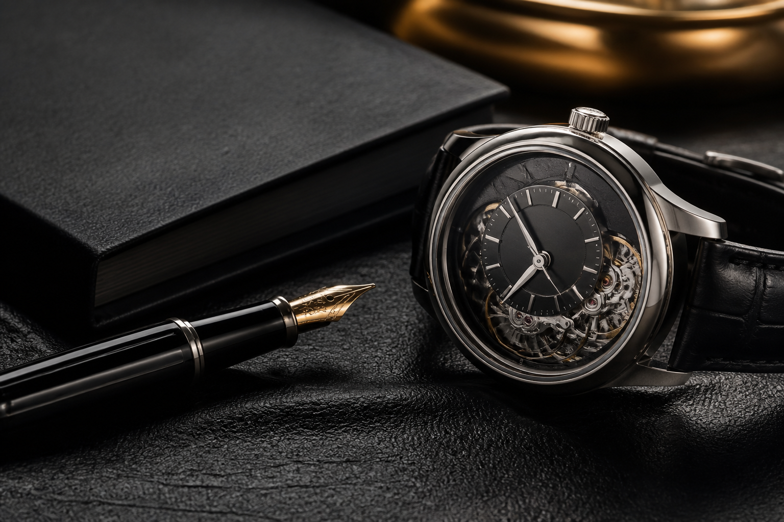 Quiet desk detail — watch, pen, and notebook